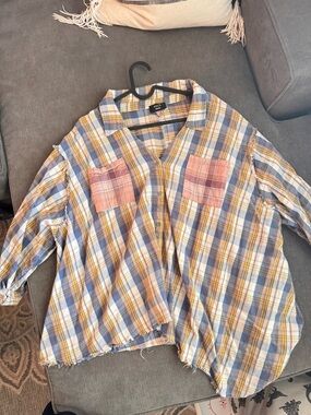 Vici Plaid Button-Down Shirt with Pink Chest Pockets